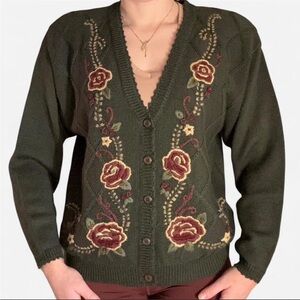 Koret Vintage Embroidered Floral Green Cardigan Sweater; Wool Blend